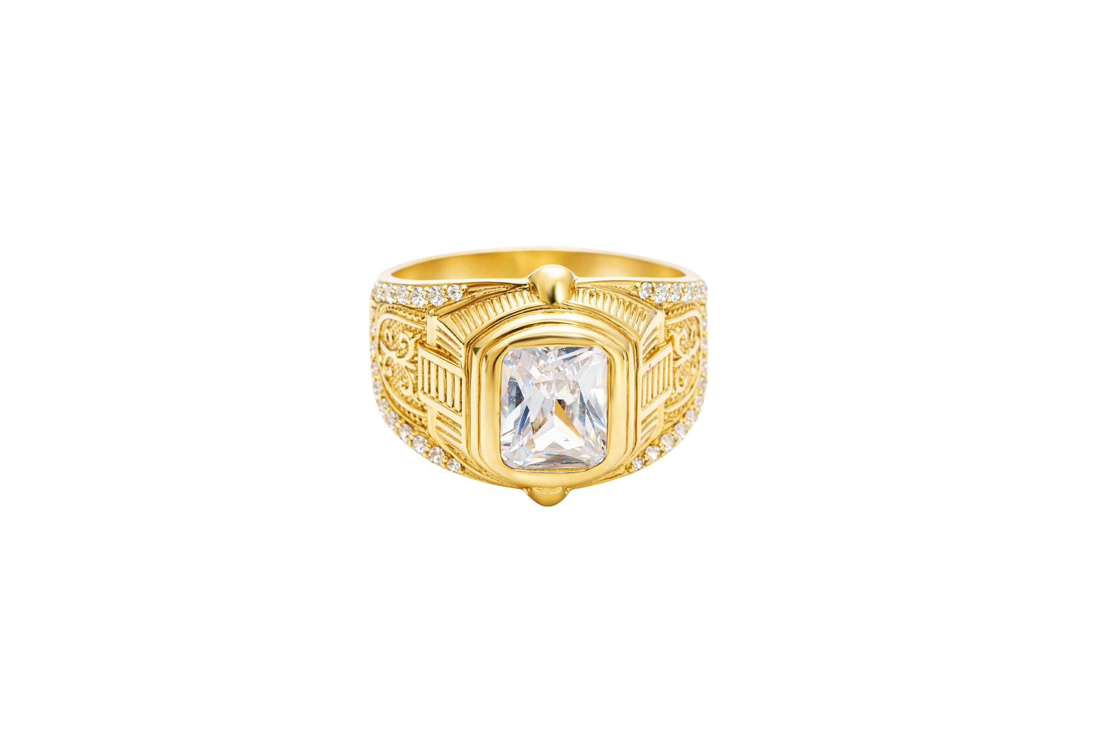 14KT Gold Ring Men's Rectangle Double Plain Border Shank Design Fleur De Lis with U Shaped White CZ Stone Border