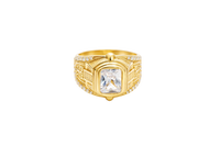14KT Gold Ring Men's Rectangle Double Plain Border Shank Design Fleur De Lis with U Shaped White CZ Stone Border