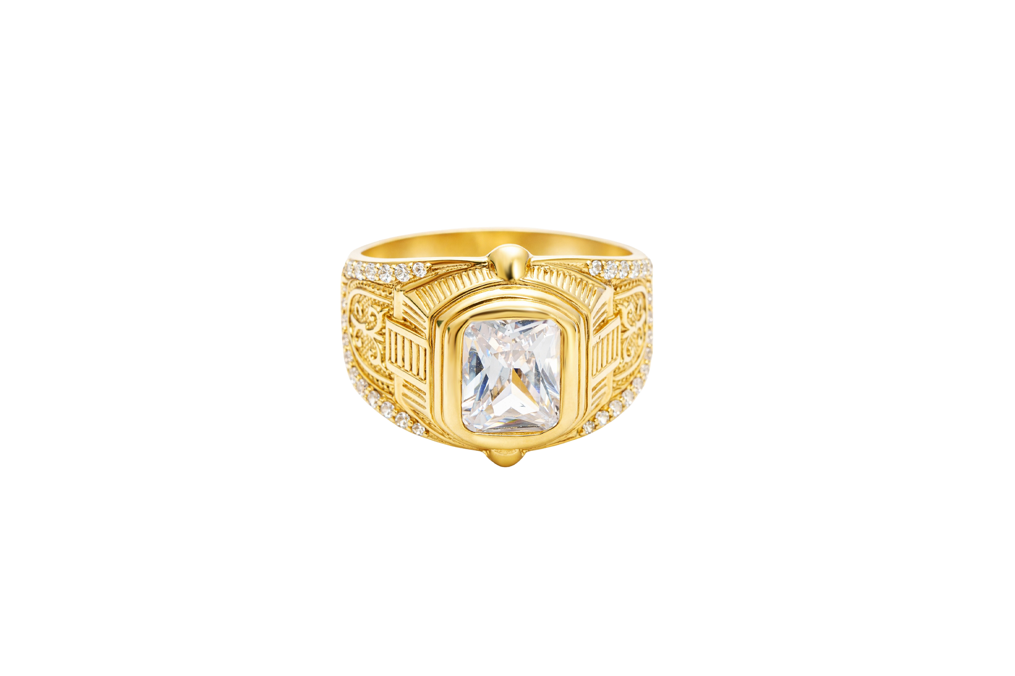 14KT Gold Ring Men's Rectangle Double Plain Border Shank Design Fleur De Lis with U Shaped White CZ Stone Border