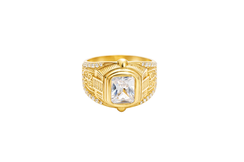 14KT Gold Ring Men's Rectangle Double Plain Border Shank Design Fleur De Lis with U Shaped White CZ Stone Border