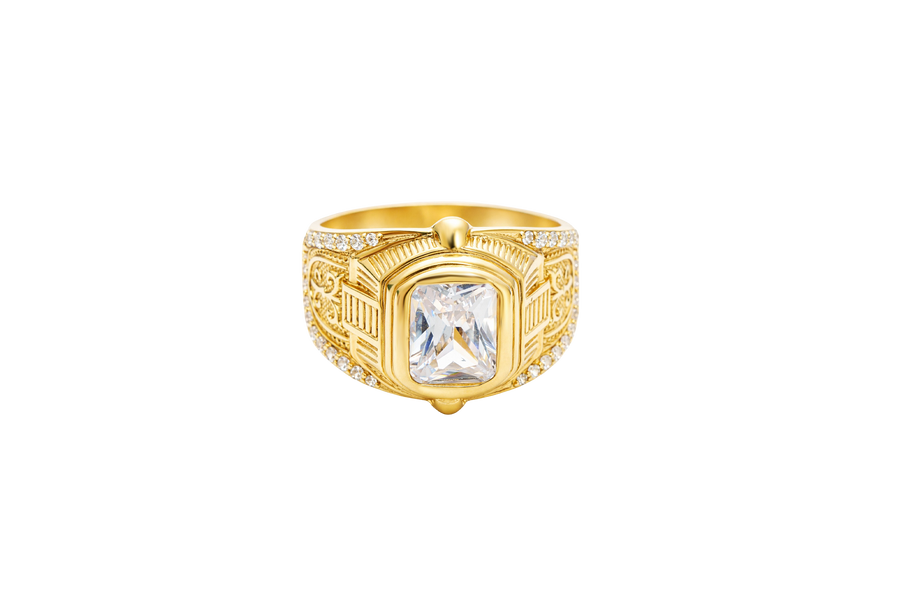 14KT Gold Ring Men's Rectangle Double Plain Border Shank Design Fleur De Lis with U Shaped White CZ Stone Border