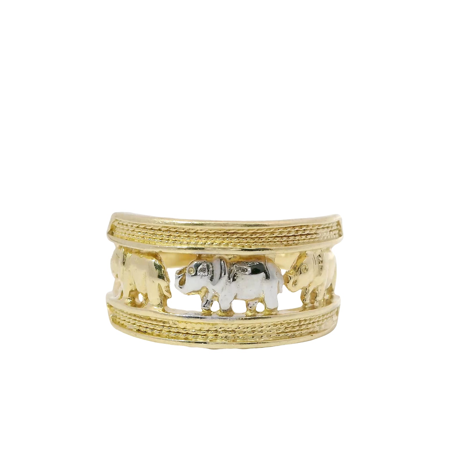 14KT Gold Ring Women's Two Tone Open Split Band with Three Left Facing Elephants Gold, White Gold, Gold and Double Plain Top/Lower Border Band