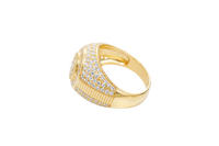14KT Gold Ring Men's Round Double Platform Cluster Eight White CZ Stones Center with Plain Platform Ribbed Frame Side Design Pave Galaxy Formation White CZ Stones with Plain Ladder Print on Band