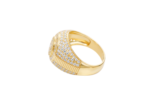 14KT Gold Ring Men's Round Double Platform Cluster Eight White CZ Stones Center with Plain Platform Ribbed Frame Side Design Pave Galaxy Formation White CZ Stones with Plain Ladder Print on Band