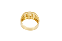 14KT Gold Ring Men's Raised Curved Square of 20 White CZ Stones with Double Row White CZ Stone Belt Through Curved Square and Single White CZ Stones Border and Double Row of White CZ Stones on Band