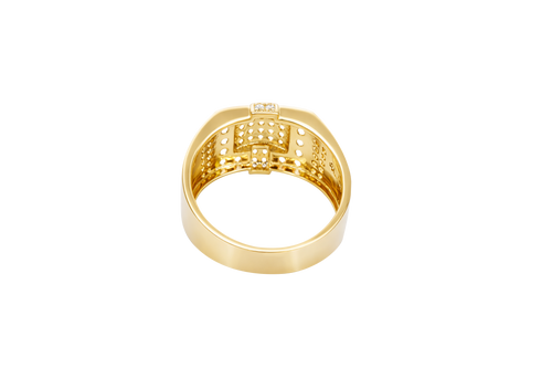 14KT Gold Ring Men's Raised Curved Square of 20 White CZ Stones with Double Row White CZ Stone Belt Through Curved Square and Single White CZ Stones Border and Double Row of White CZ Stones on Band