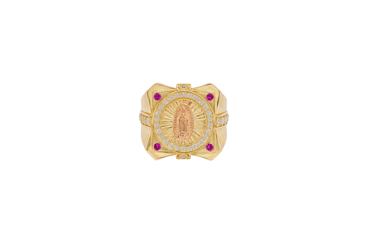 14KT Gold Ring Men's Two Tone Square Raised Virgin Mary with Sunray Background and Single Row White CZ Stone Border Corner Design One Red/Pink CZ Stone Band Design Four White CZ Stones Plain Border Stripe Etched Background