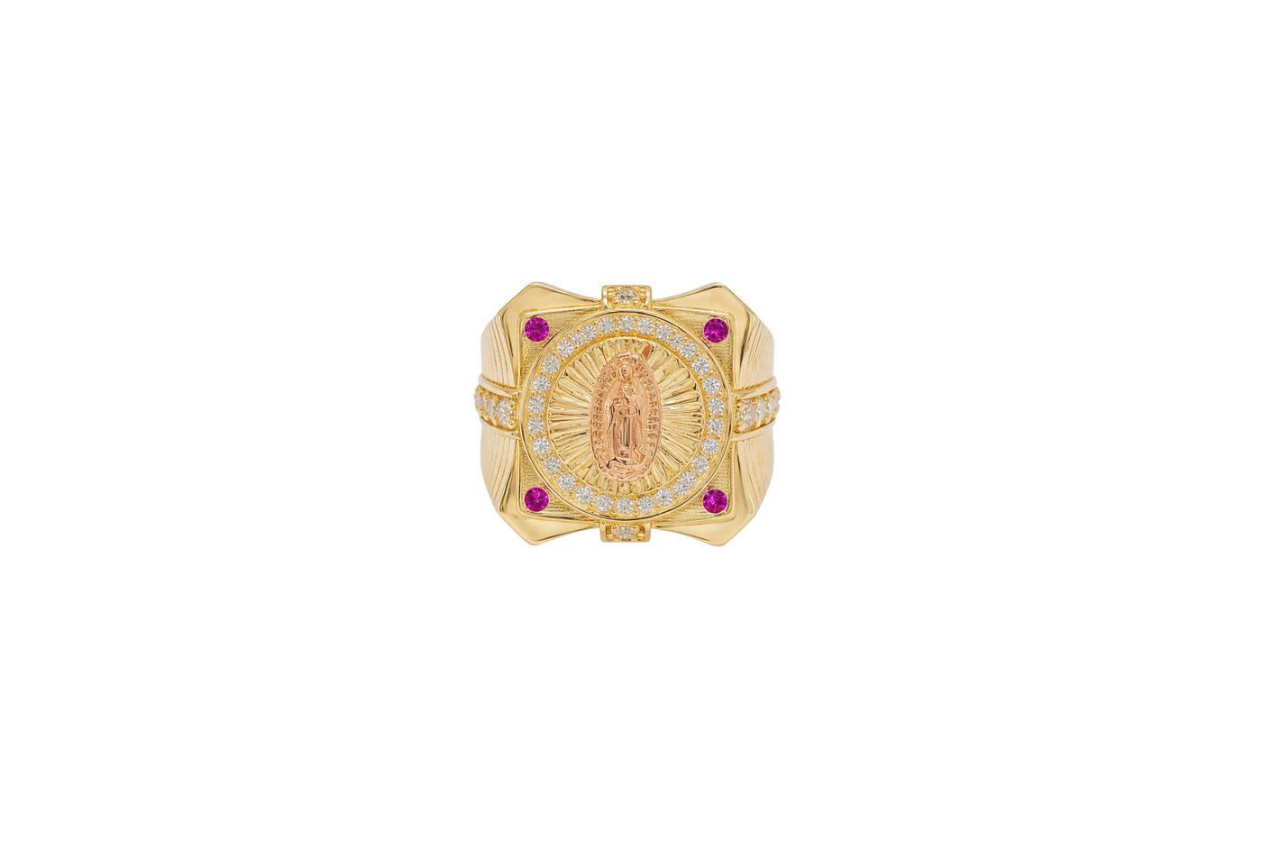 14KT Gold Ring Men's Two Tone Square Raised Virgin Mary with Sunray Background and Single Row White CZ Stone Border Corner Design One Red/Pink CZ Stone Band Design Four White CZ Stones Plain Border Stripe Etched Background