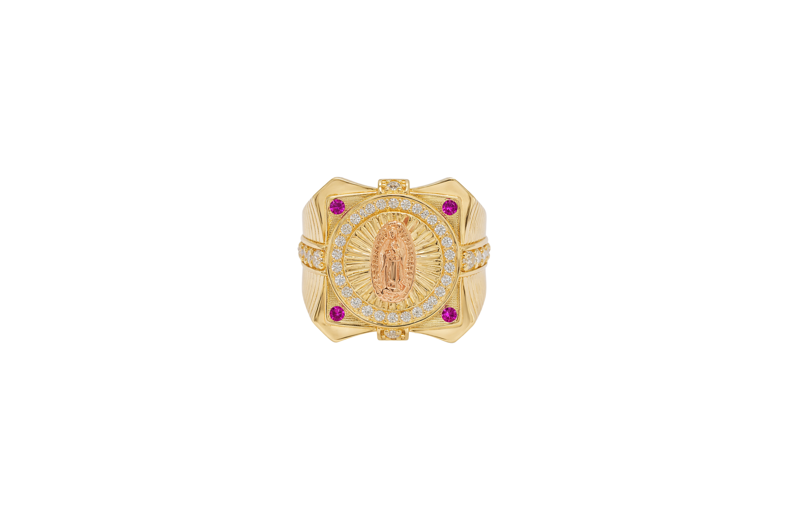 14KT Gold Ring Men's Two Tone Square Raised Virgin Mary with Sunray Background and Single Row White CZ Stone Border Corner Design One Red/Pink CZ Stone Band Design Four White CZ Stones Plain Border Stripe Etched Background