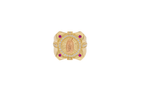 14KT Gold Ring Men's Two Tone Square Raised Virgin Mary with Sunray Background and Single Row White CZ Stone Border Corner Design One Red/Pink CZ Stone Band Design Four White CZ Stones Plain Border Stripe Etched Background
