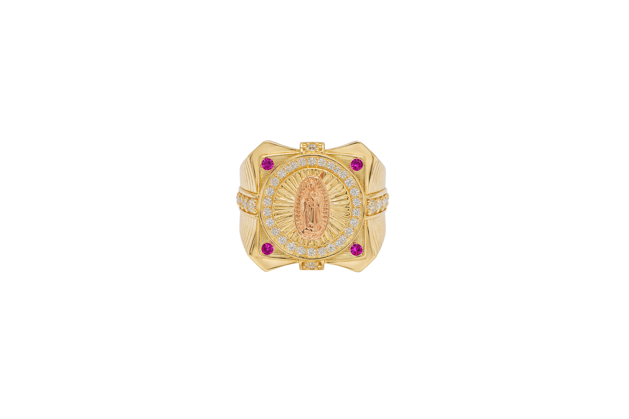 14KT Gold Ring Men's Two Tone Square Raised Virgin Mary with Sunray Background and Single Row White CZ Stone Border Corner Design One Red/Pink CZ Stone Band Design Four White CZ Stones Plain Border Stripe Etched Background