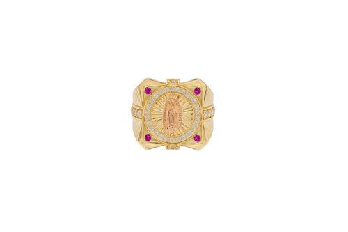14KT Gold Ring Men's Two Tone Square Raised Virgin Mary with Sunray Background and Single Row White CZ Stone Border Corner Design One Red/Pink CZ Stone Band Design Four White CZ Stones Plain Border Stripe Etched Background