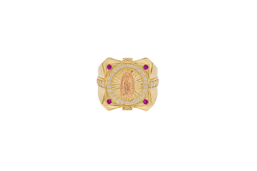 14KT Gold Ring Men's Two Tone Square Raised Virgin Mary with Sunray Background and Single Row White CZ Stone Border Corner Design One Red/Pink CZ Stone Band Design Four White CZ Stones Plain Border Stripe Etched Background