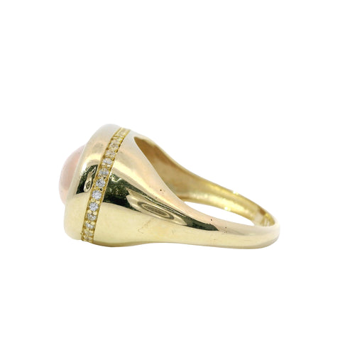 14KT Gold Ring Women's Two Tone Plain Bubble Oval with Puff Border and White CZ Stone Edge Plain Band