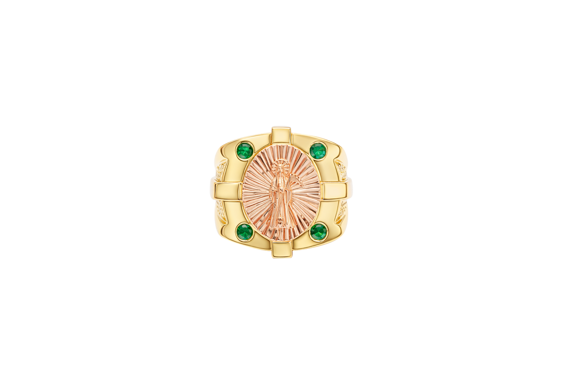 14KT Gold Ring Men's Square Two Tone Raised Oval Santa Muerte with Sunray Background and Corner Design One Green CZ Stone Shank Design Double Row White CZ Stone Interlocking Top/Side Cross
