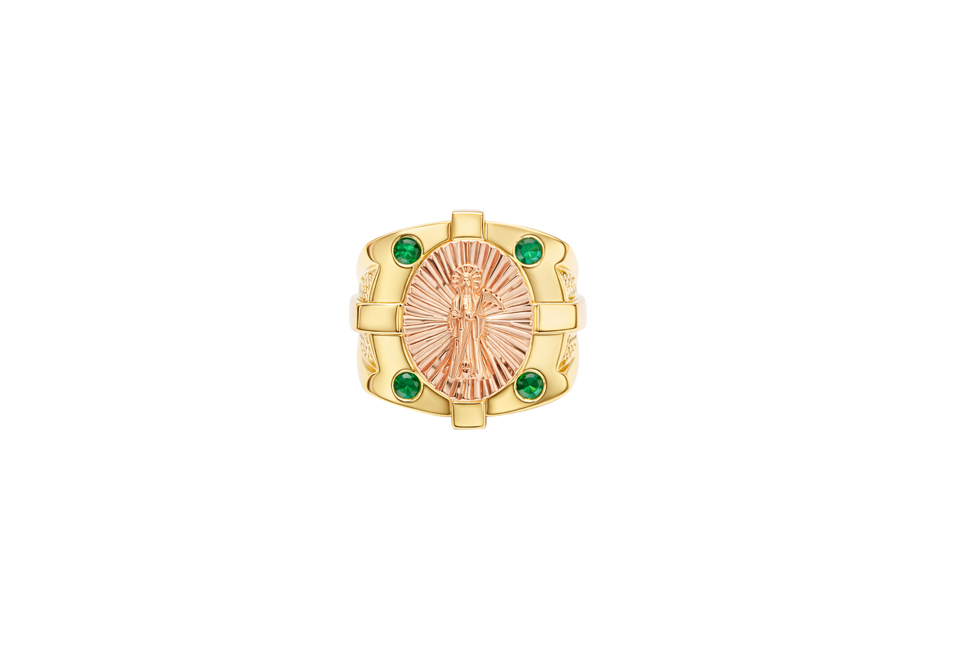 14KT Gold Ring Men's Square Two Tone Raised Oval Santa Muerte with Sunray Background and Corner Design One Green CZ Stone Shank Design Double Row White CZ Stone Interlocking Top/Side Cross