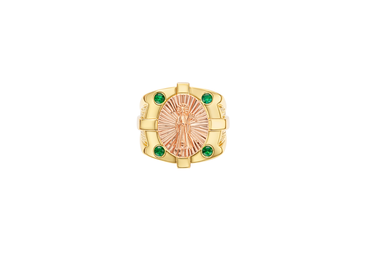 14KT Gold Ring Men's Square Two Tone Raised Oval Santa Muerte with Sunray Background and Corner Design One Green CZ Stone Shank Design Double Row White CZ Stone Interlocking Top/Side Cross