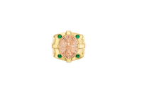 14KT Gold Ring Men's Square Two Tone Raised Oval Santa Muerte with Sunray Background and Corner Design One Green CZ Stone Shank Design Double Row White CZ Stone Interlocking Top/Side Cross