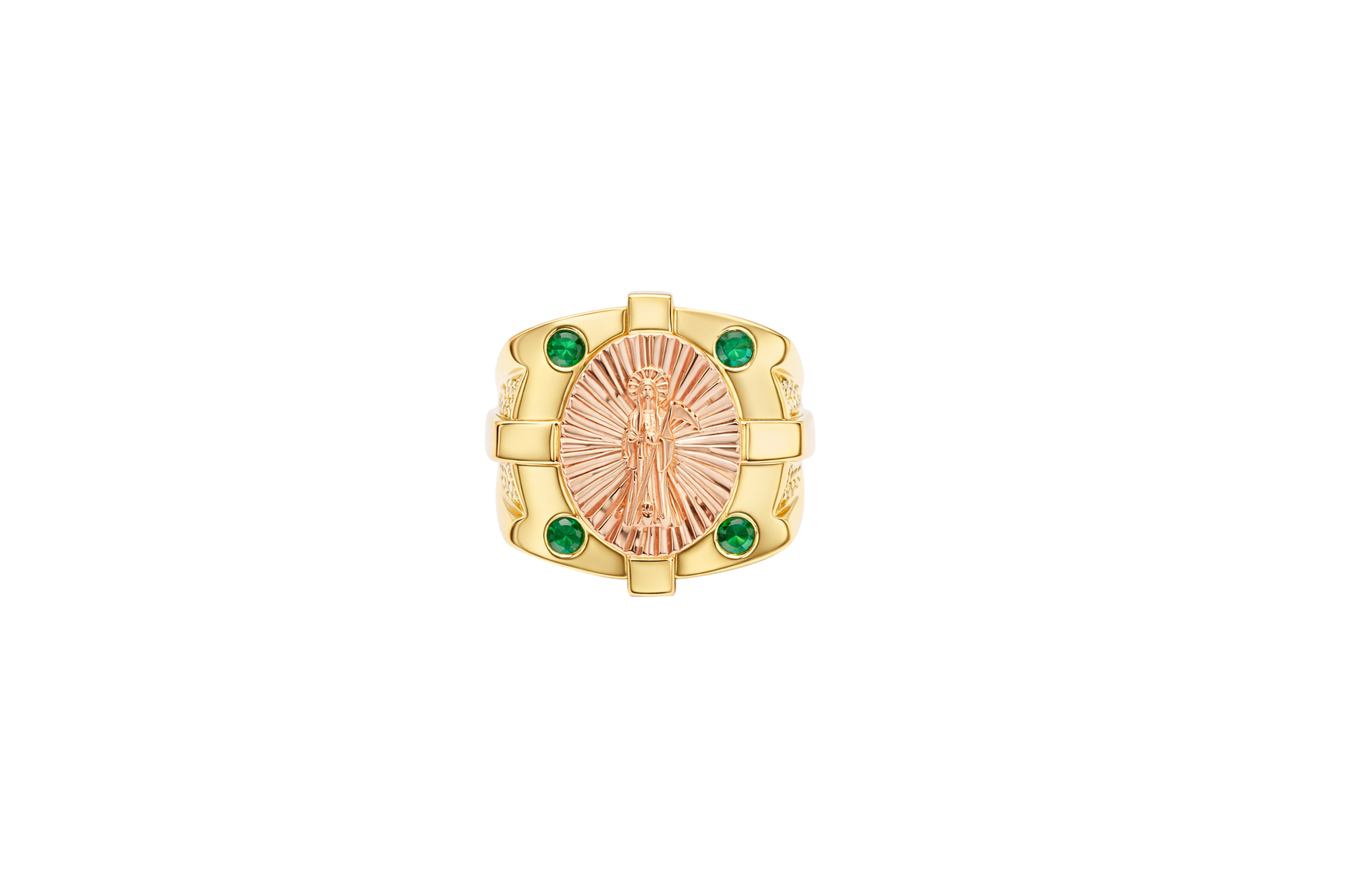 14KT Gold Ring Men's Square Two Tone Raised Oval Santa Muerte with Sunray Background and Corner Design One Green CZ Stone Shank Design Double Row White CZ Stone Interlocking Top/Side Cross
