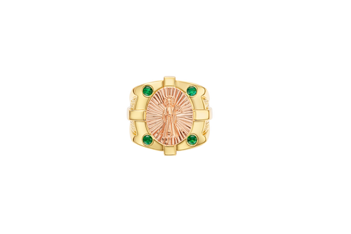 14KT Gold Ring Men's Square Two Tone Raised Oval Santa Muerte with Sunray Background and Corner Design One Green CZ Stone Shank Design Double Row White CZ Stone Interlocking Top/Side Cross