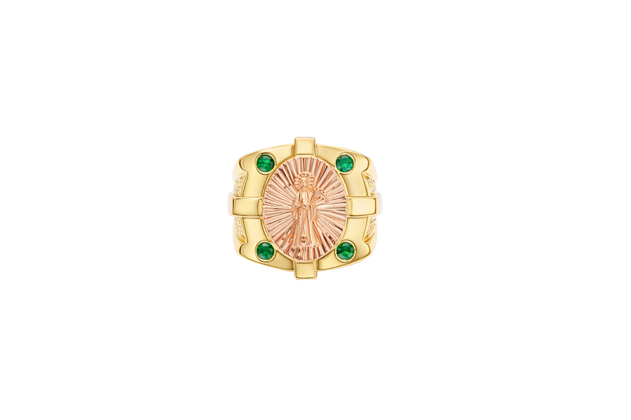 14KT Gold Ring Men's Square Two Tone Raised Oval Santa Muerte with Sunray Background and Corner Design One Green CZ Stone Shank Design Double Row White CZ Stone Interlocking Top/Side Cross