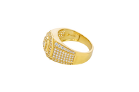 14KT Gold Ring Men's Octagon Raised Center Round White CZ Stone Center Border Plain Edge Band Design Seven Row White CZ Stone Section