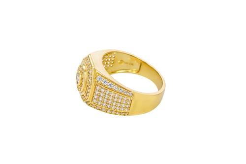 14KT Gold Ring Men's Octagon Raised Center Round White CZ Stone Center Border Plain Edge Band Design Seven Row White CZ Stone Section