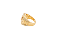 14KT Gold Ring Men's Round Two Tone Virgin Mary White CZ Stones Double Border with Four Slightly Larger Corner Stones and White CZ Stones on Curved Ridged Band