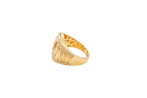 14KT Gold Ring Men's Round Two Tone Virgin Mary White CZ Stones Double Border with Four Slightly Larger Corner Stones and White CZ Stones on Curved Ridged Band