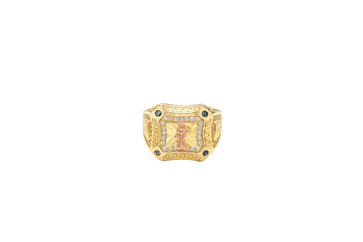 14KT Gold Ring Men's Square Two Tone Raised Santa Muerte with Sunray Background White CZ Stone Border Greek Frame Corner Design Black CZ Stone Band Design Black CZ Stones Border Around Two Tone Raised Arrow
