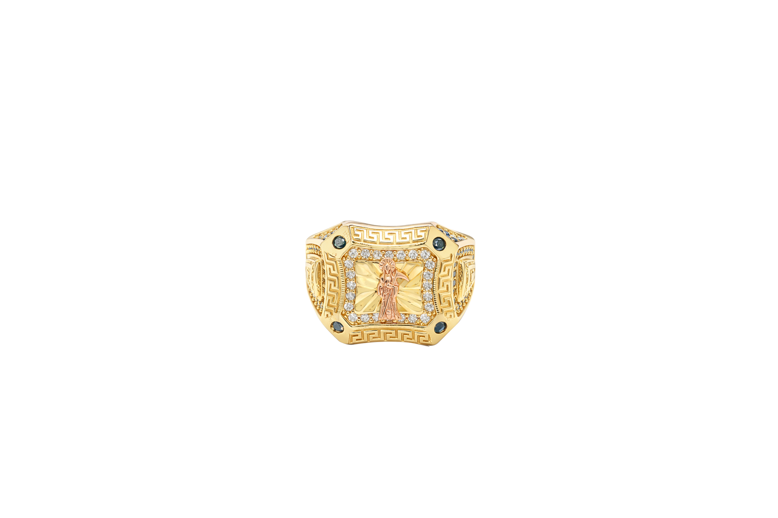 14KT Gold Ring Men's Square Two Tone Raised Santa Muerte with Sunray Background White CZ Stone Border Greek Frame Corner Design Black CZ Stone Band Design Black CZ Stones Border Around Two Tone Raised Arrow