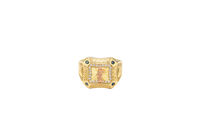 14KT Gold Ring Men's Square Two Tone Raised Santa Muerte with Sunray Background White CZ Stone Border Greek Frame Corner Design Black CZ Stone Band Design Black CZ Stones Border Around Two Tone Raised Arrow