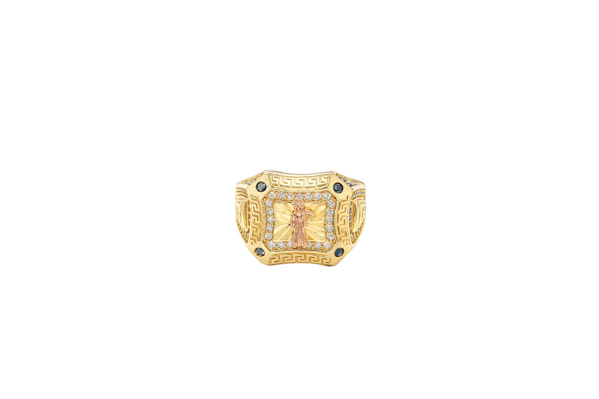 14KT Gold Ring Men's Square Two Tone Raised Santa Muerte with Sunray Background White CZ Stone Border Greek Frame Corner Design Black CZ Stone Band Design Black CZ Stones Border Around Two Tone Raised Arrow