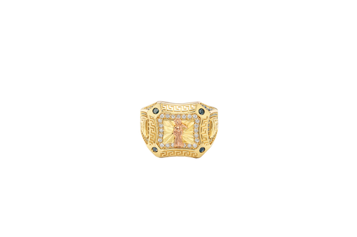 14KT Gold Ring Men's Square Two Tone Raised Santa Muerte with Sunray Background White CZ Stone Border Greek Frame Corner Design Black CZ Stone Band Design Black CZ Stones Border Around Two Tone Raised Arrow