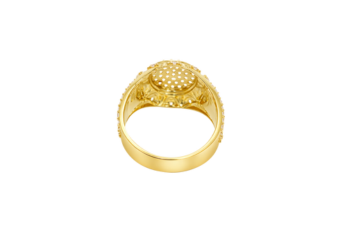 14KT Gold Ring Men's Round White CZ Stones Plain Border White CZ Stone Edge Shank CZ Stone Wreath above Abstract Butterfly Center with U-shaped White CZ Stone Border