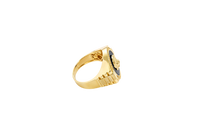 14KT Gold Ring Men's Onyx Raised Gold Lion Head White CZ Stoned Border Framed with Five Row Bridge Side Design Ascending Steps Under Continued Five Row Bridge