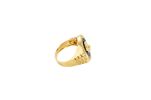 14KT Gold Ring Men's Onyx Raised Gold Lion Head White CZ Stoned Border Framed with Five Row Bridge Side Design Ascending Steps Under Continued Five Row Bridge