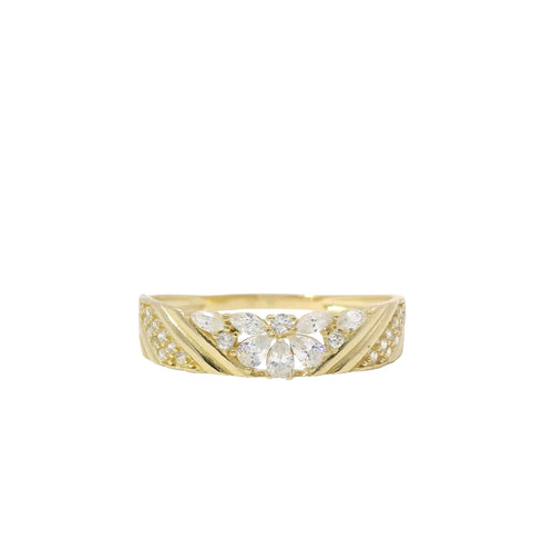 14KT Gold Ring Women's Light Weight White CZ Stone Pear / Marquise Snowflake Center with White CZ Stone V Stripe Band