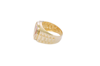 14KT Gold Ring Men's Mini Round White CZ Center Stone Plain Border on Red Onyx Background with White CZ Stones Border Side Design Jubilee