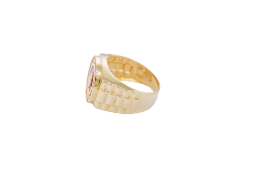 14KT Gold Ring Men's Mini Round White CZ Center Stone Plain Border on Red Onyx Background with White CZ Stones Border Side Design Jubilee