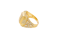14KT Gold Ring Men's Rectangle Raised White CZ Center Stone Plain Border White CZ Stone Head Plain Border Shank Design Triple Row Stones Above Marquise Flower Shape Stones Plain Border CZ Stone Galaxy Pattern