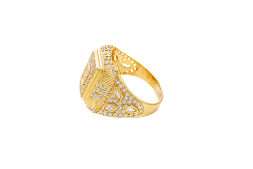 14KT Gold Ring Men's Rectangle Raised White CZ Center Stone Plain Border White CZ Stone Head Plain Border Shank Design Triple Row Stones Above Marquise Flower Shape Stones Plain Border CZ Stone Galaxy Pattern