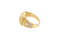 14KT Gold Ring Men's Raised Rectangle Vertical Flag Shape with White CZ Stone Rows and One Larger Round White CZ Stone Plain Triangle Shape Border as in Star position Side Design White CZ Stone Rows with Baguette/Plain Border