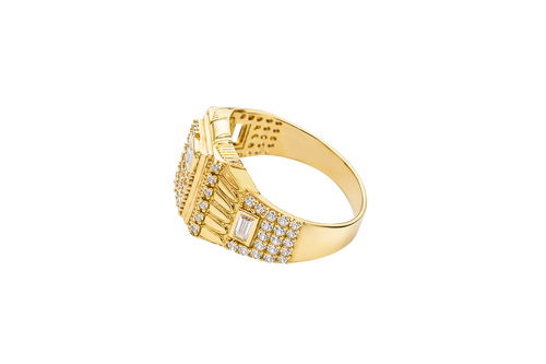 14KT Gold Ring Men's Raised Rectangle Vertical Flag Shape with White CZ Stone Rows and One Larger Round White CZ Stone Plain Triangle Shape Border as in Star position Side Design White CZ Stone Rows with Baguette/Plain Border