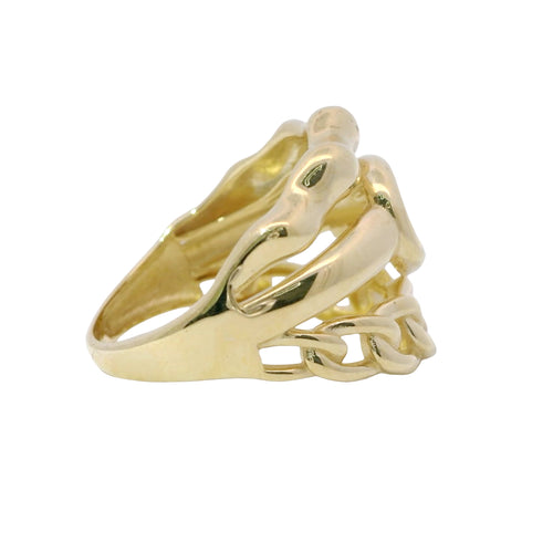 14KT Gold Ring Women's Three Band Design Top Band Bubble Bamboo Middle Band Belt Buckle Lower Band Miami Link