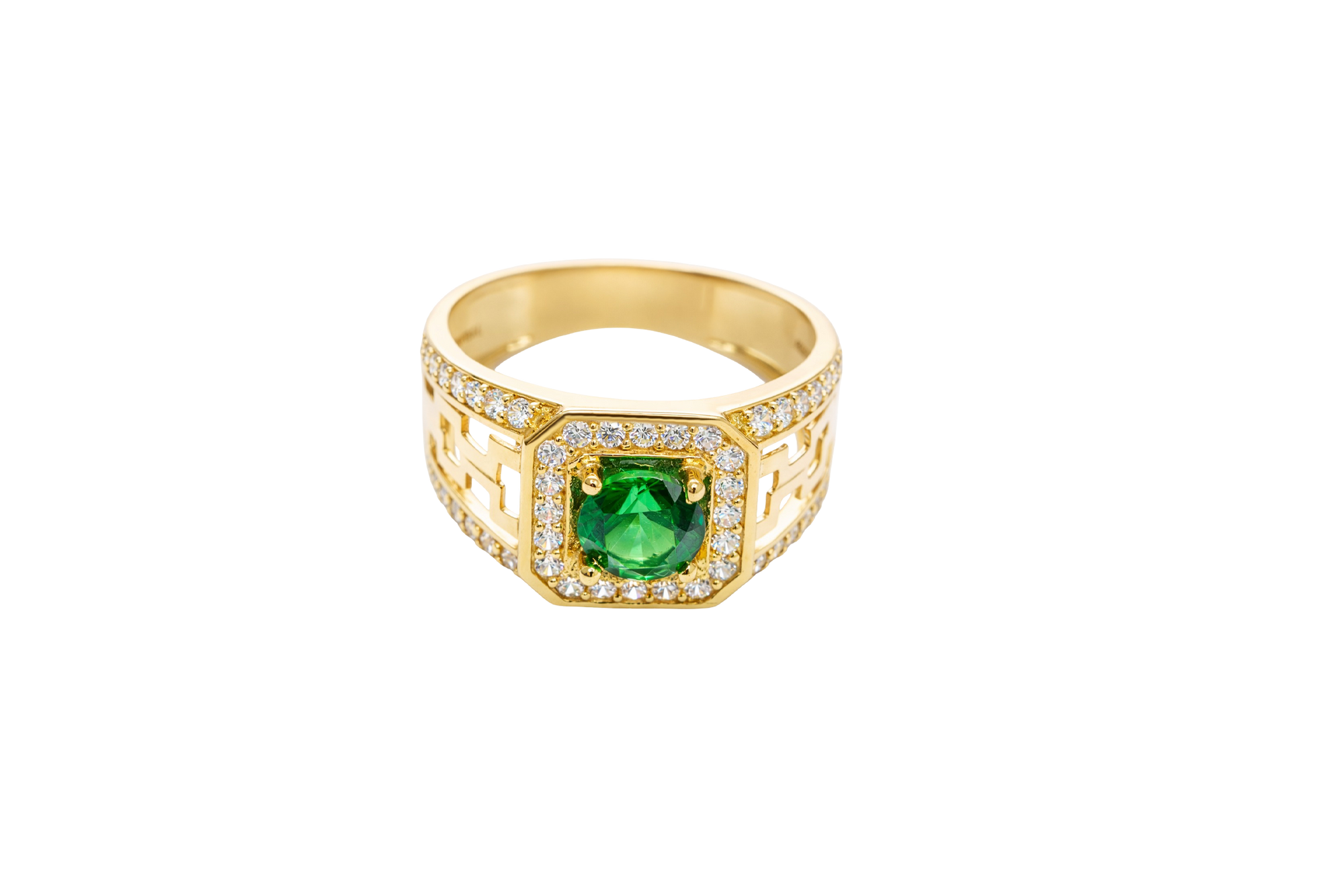 14KT Gold Ring Men's Octagon Green CZ Round Center Stone White CZ Stone Border and Three Stacked Cutout Boxes with Single Row White CZ Stones Band