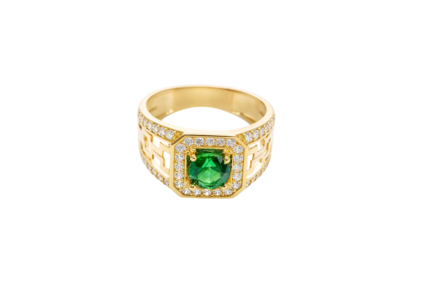 14KT Gold Ring Men's Octagon Green CZ Round Center Stone White CZ Stone Border and Three Stacked Cutout Boxes with Single Row White CZ Stones Band