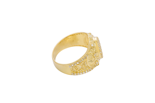 14KT Gold Ring Men's Round White CZ Stones Plain Border White CZ Stone Edge Shank CZ Stone Wreath above Abstract Butterfly Center with U-shaped White CZ Stone Border