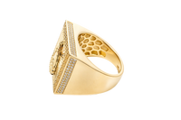 14KT Gold Ring Men's Square St. Barbara Greek Border with Double Row White CZ Edge Stones