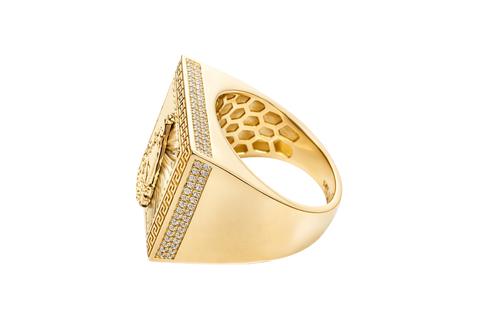 14KT Gold Ring Men's Square St. Barbara Greek Border with Double Row White CZ Edge Stones